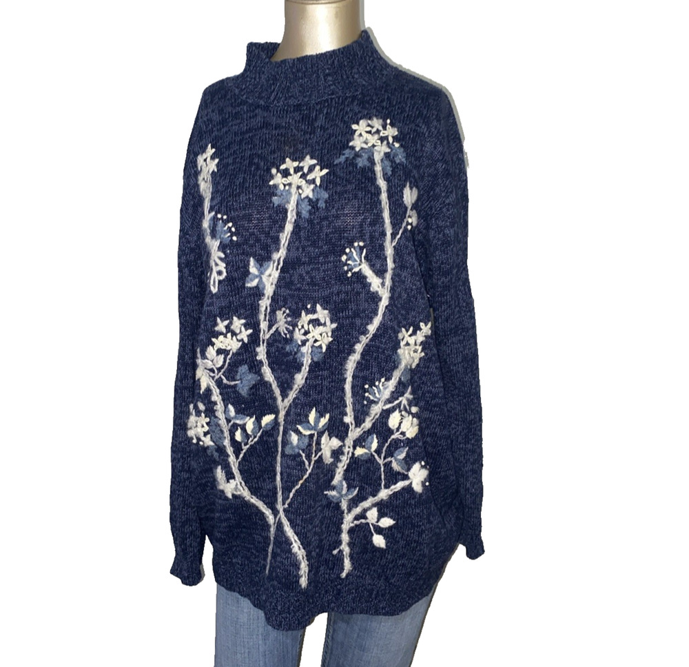 VINTAGE Fashion Bug KNIT Sweater EMBROIDERED Floral LEAVES Blue Y2K Size 16/20